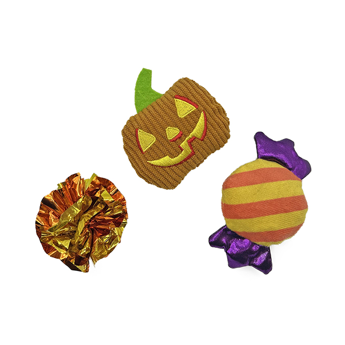 1 (2) 3-Pack Halloween Cat Toy Set with Corduroy Pumpkin & Crinkle Ball