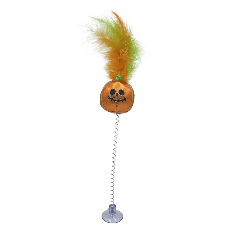 Interactive Suction Cup Spring Pumpkin Cat Toy with Feathers