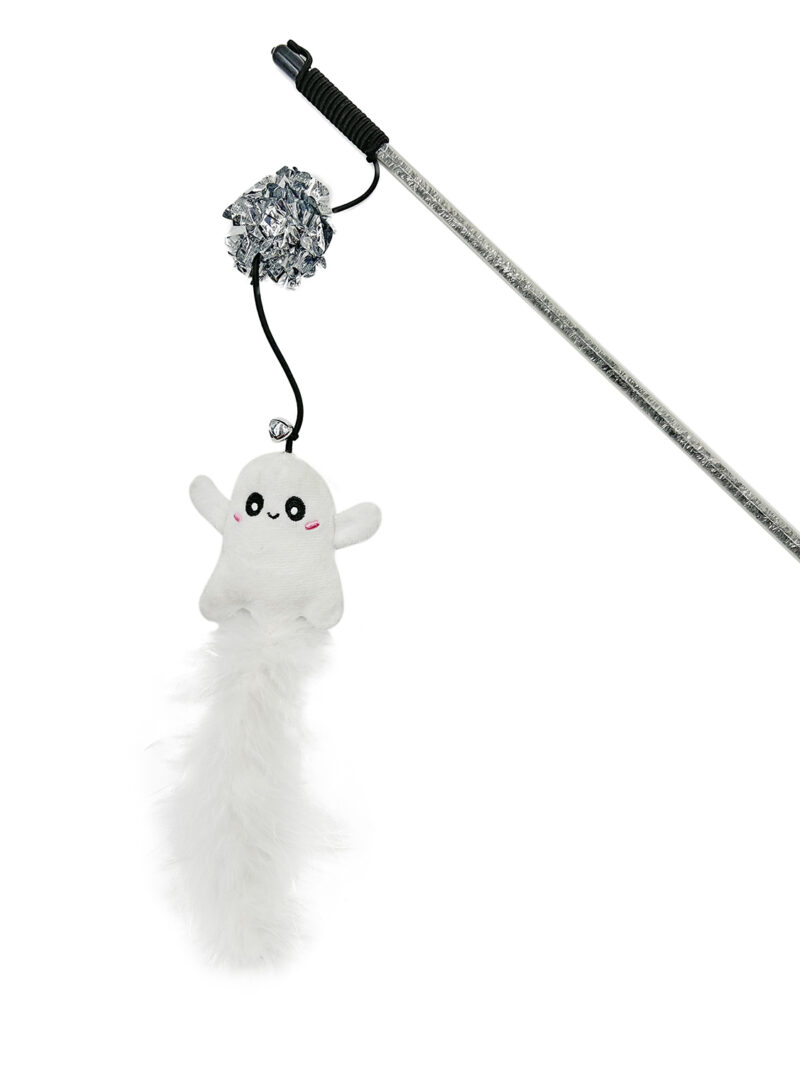 1 (22) Halloween Ghost Feather Cat Teaser Wand with Jingle Bell
