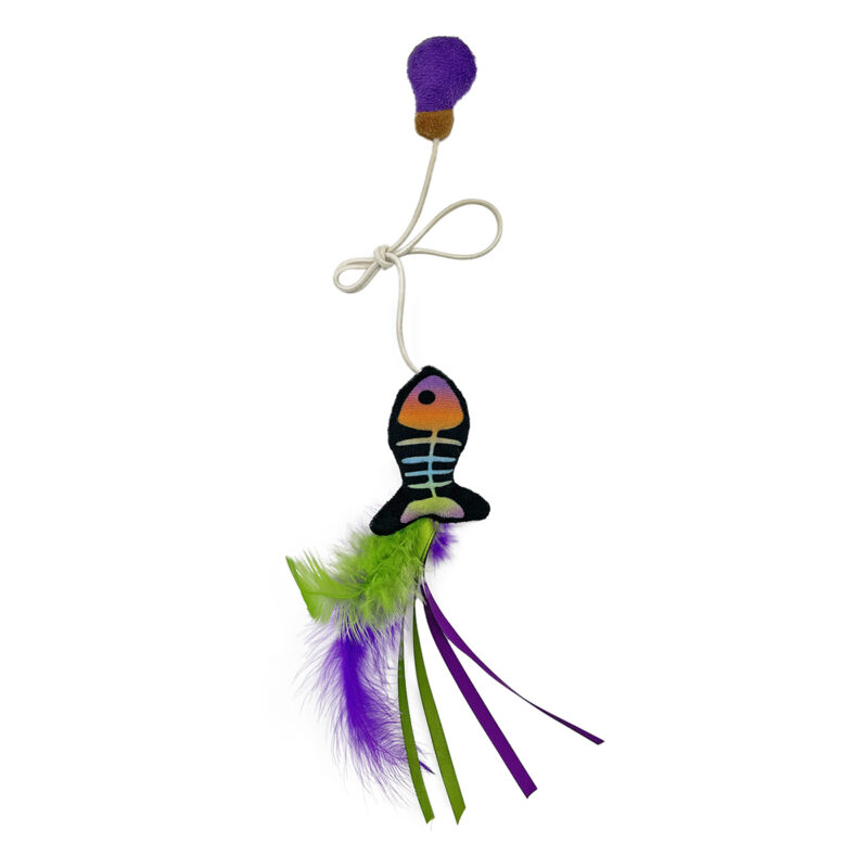 Gothic Fish Skeleton Hanging Cat Toy with Feathers & Ribbons