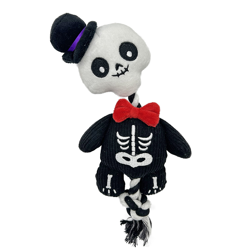 Halloween Skeleton Plush Dog Toy with Bowtie & Rope Tail