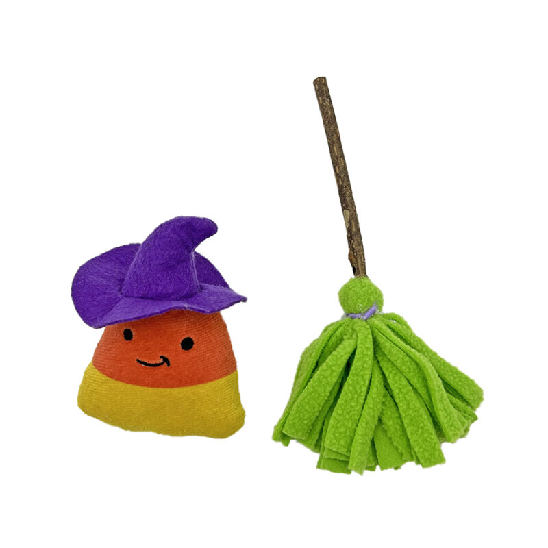 Halloween Candy Corn Plush & Witch Broom Cat Toy Set