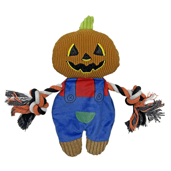 Halloween Corduroy Pumpkin Scarecrow Dog Toy with Knotted Rope Arms