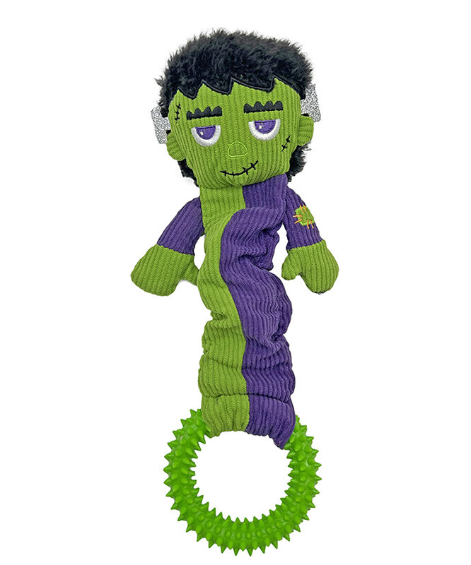 Frankenstein Monster Plush Dog Toy with Spiky Green TPR Chew Ring
