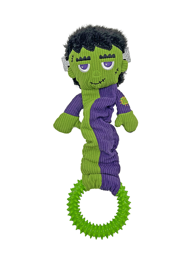Frankenstein Monster Plush Dog Toy with Spiky Green TPR Chew Ring
