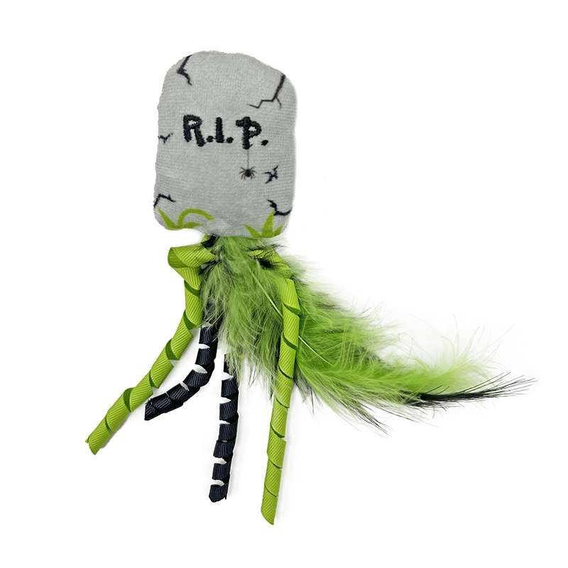 Halloween Tombstone Plush Cat Toy with Feathers & Curled Ribbons