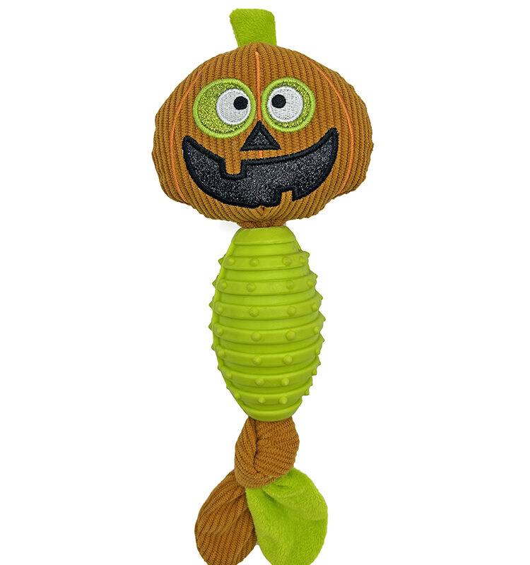 Halloween Corduroy Pumpkin Dog Toy with Central Rubber Chew Tube