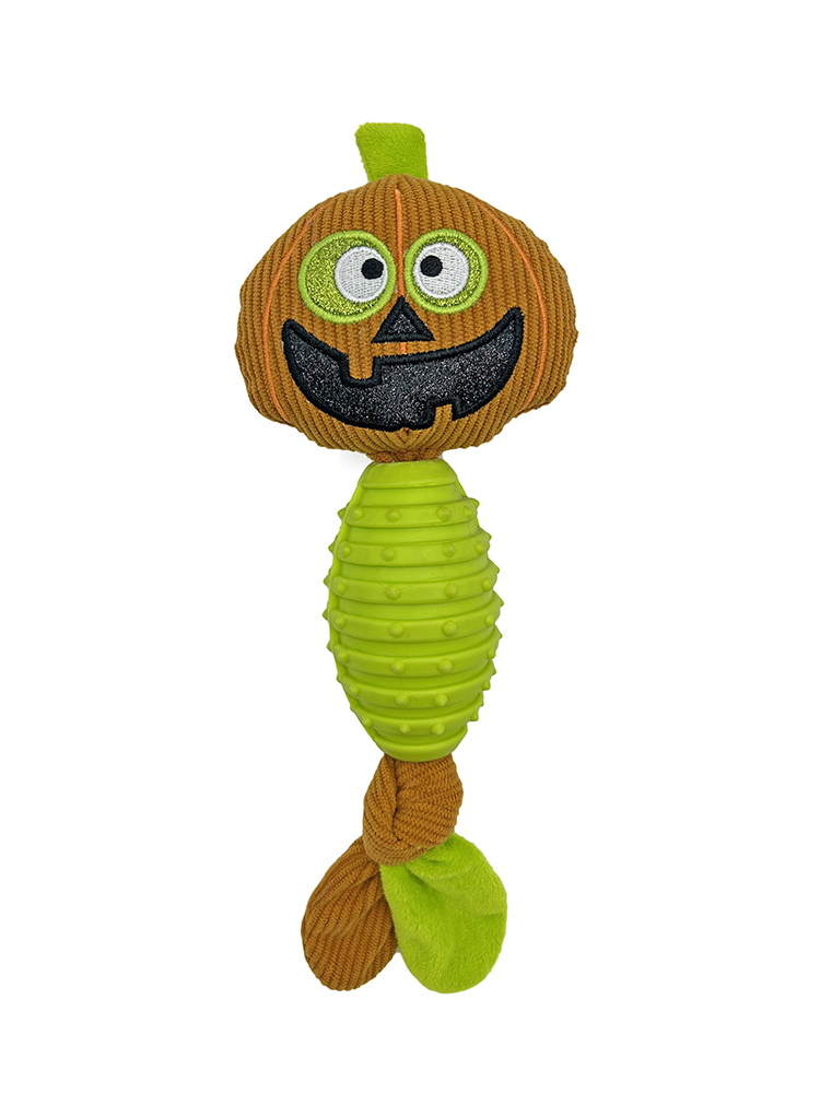 1 (8) Halloween Corduroy Pumpkin Dog Toy with Central Rubber Chew Tube
