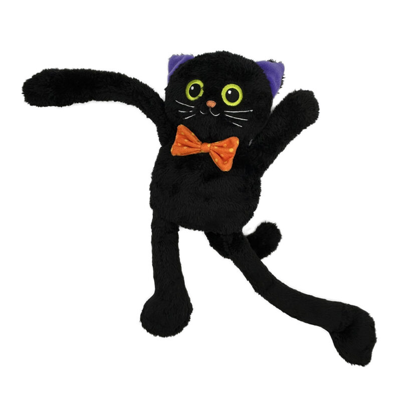 Floppy Long-Limbed Black Cat Plush Dog Toy with Bow Tie