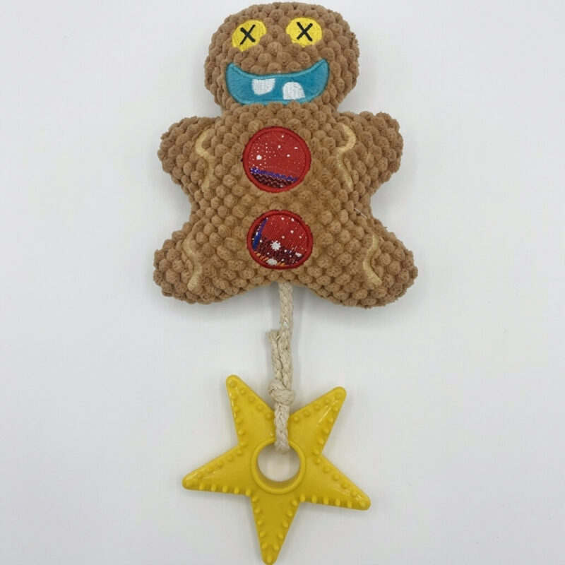 Gingerbread Man Plush Dog Toy with Cotton Rope & Star Ring